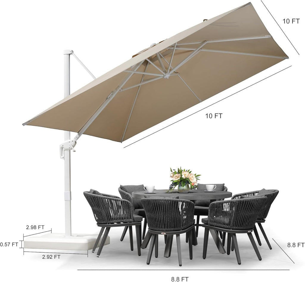 PURPLE LEAF 10 FT White Cantilever Umbrella With Base, Patio Umbrella Outdoor Offset Aluminum Umbrella Windproof with 360° Rotation for Deck Pool Garden, Beige