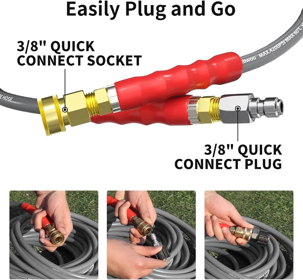 Pressure Washer Hose 125ft, 1/4 Inch Kink Resistant 4200PSI Power Washer Extension Hose, Flexible Heavy Duty Replacement Hose, Compatible with M22 14mm Fittings, High Tensile Wire Braid