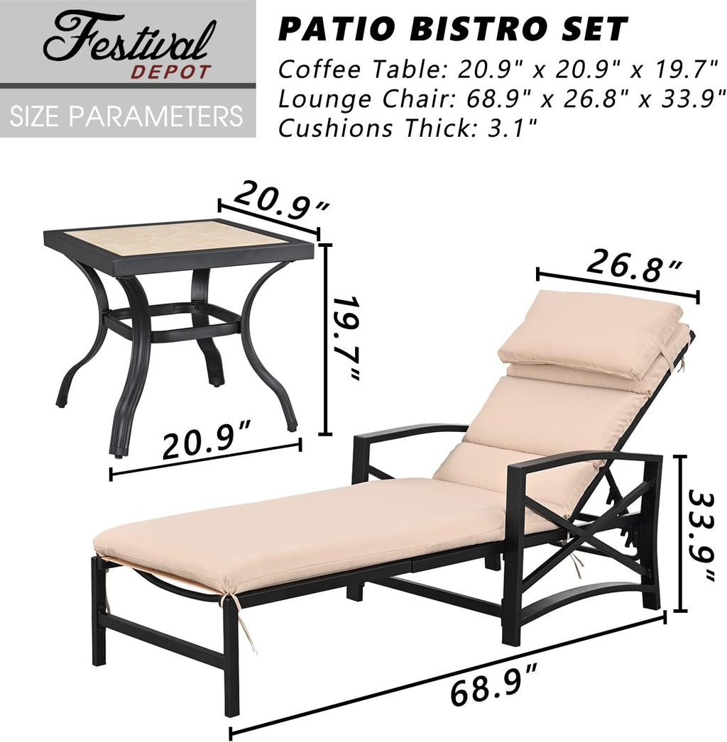 Festival Depot 3 Pieces Patio Outdoor Chaise Lounge Chairs with Cushions Set with Coffee Table Premium Fabric Metal Frame Furniture Garden Bistro Soft Headrests (Khaki)