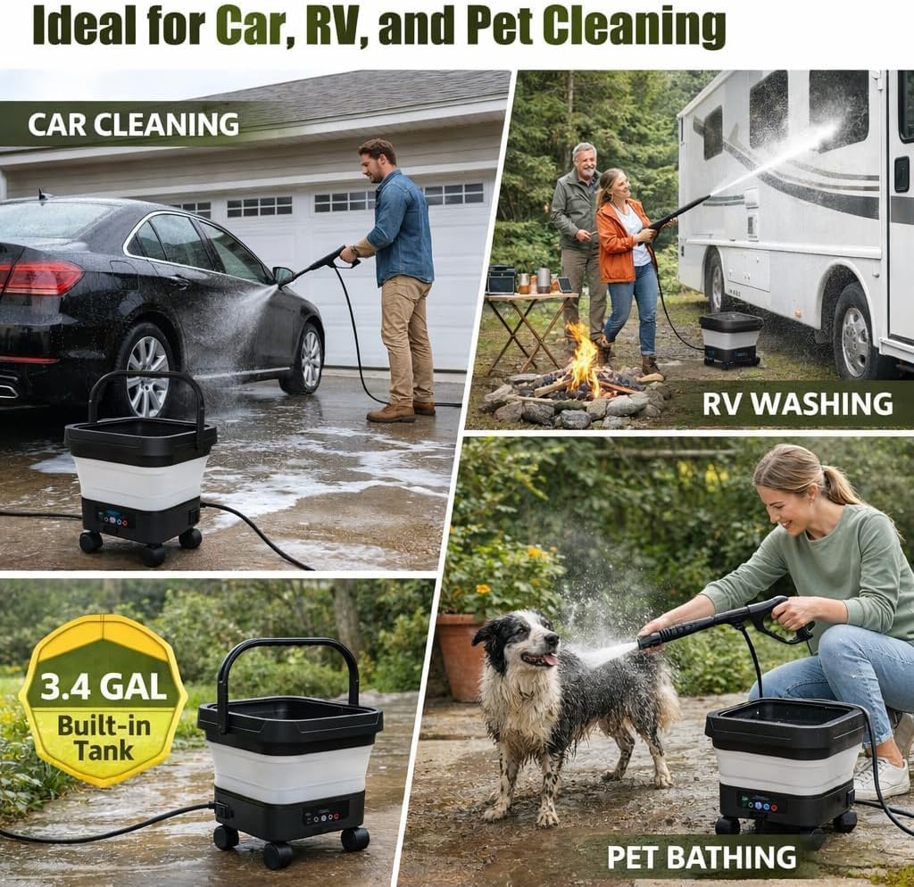 Portable Cordless Washer with 3.4Gal Tank, 580PSI, 7-Level Adjustable Sprayer, 360° Rotating Nozzle, 23FT Hose, 20000mAh Battery, Foldable Design with Wheels for Car, Camping, Garden