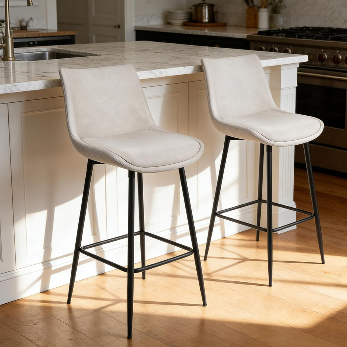 Counter Height Bar Stools Set of 3, FSC Certified Upholstered Faux Leather Barstools with Back, Metal Base, 27" Seat Height, Modern Upholstered Counter Stools for Kitchen Island,(Beige