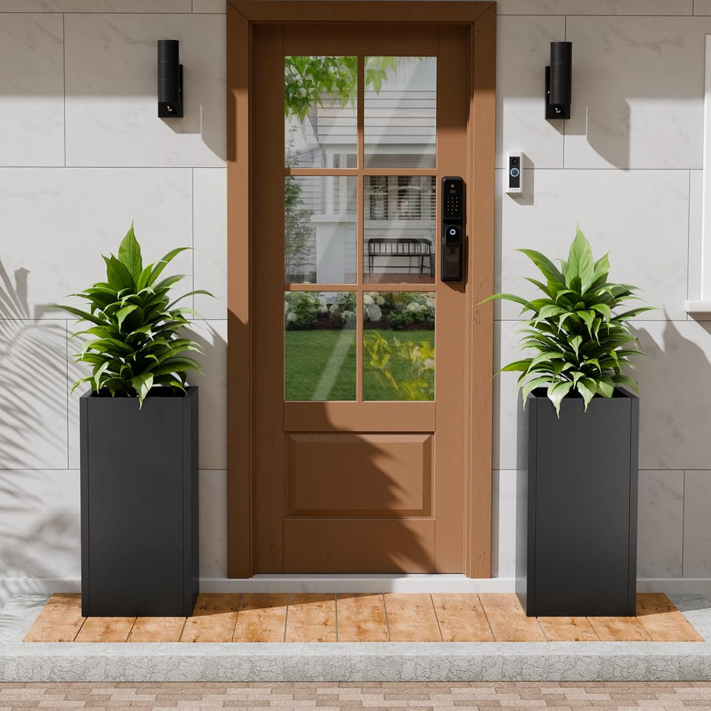 Tall Metal Planters Box for Outdoor Plants 2 Pack- 23.6" Modern Steel Tall Square Planter with Removable Insert Shelf, Heavy Duty Pedestal Planter Front Porch Decor Patio Garden, Black