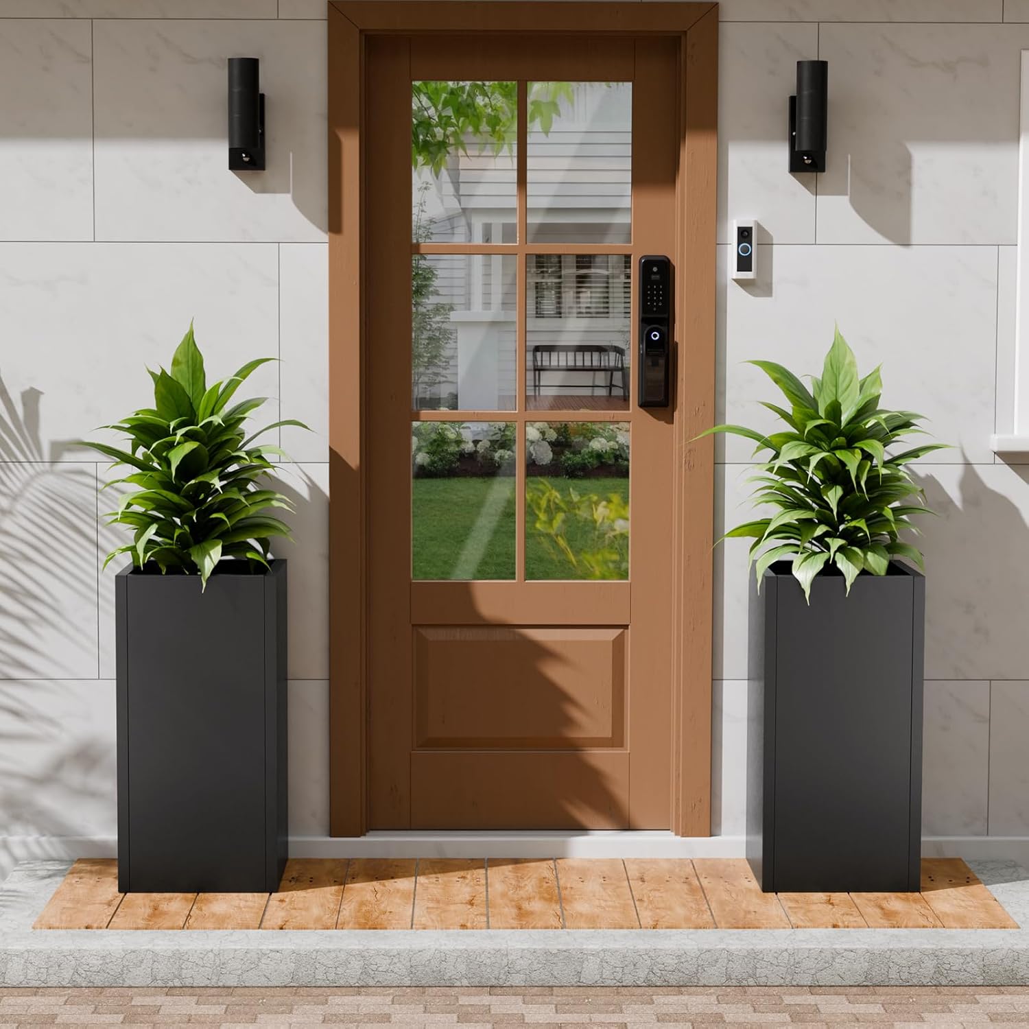 Tall Metal Planters Box for Outdoor Plants 2 Pack- 23.6" Modern Steel Tall Square Planter with Removable Insert Shelf, Heavy Duty Pedestal Planter Front Porch Decor Patio Garden, Black