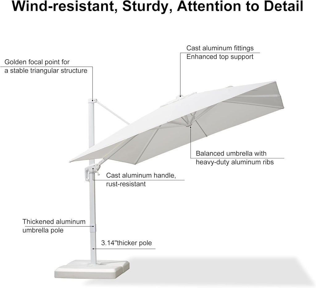 PURPLE LEAF 9 FT Patio Umbrella Outdoor White Cantilever Umbrella Aluminum Square Outdoor Offset Umbrella Hanging Windproof with 360° Rotation for Garden Deck Pool, White