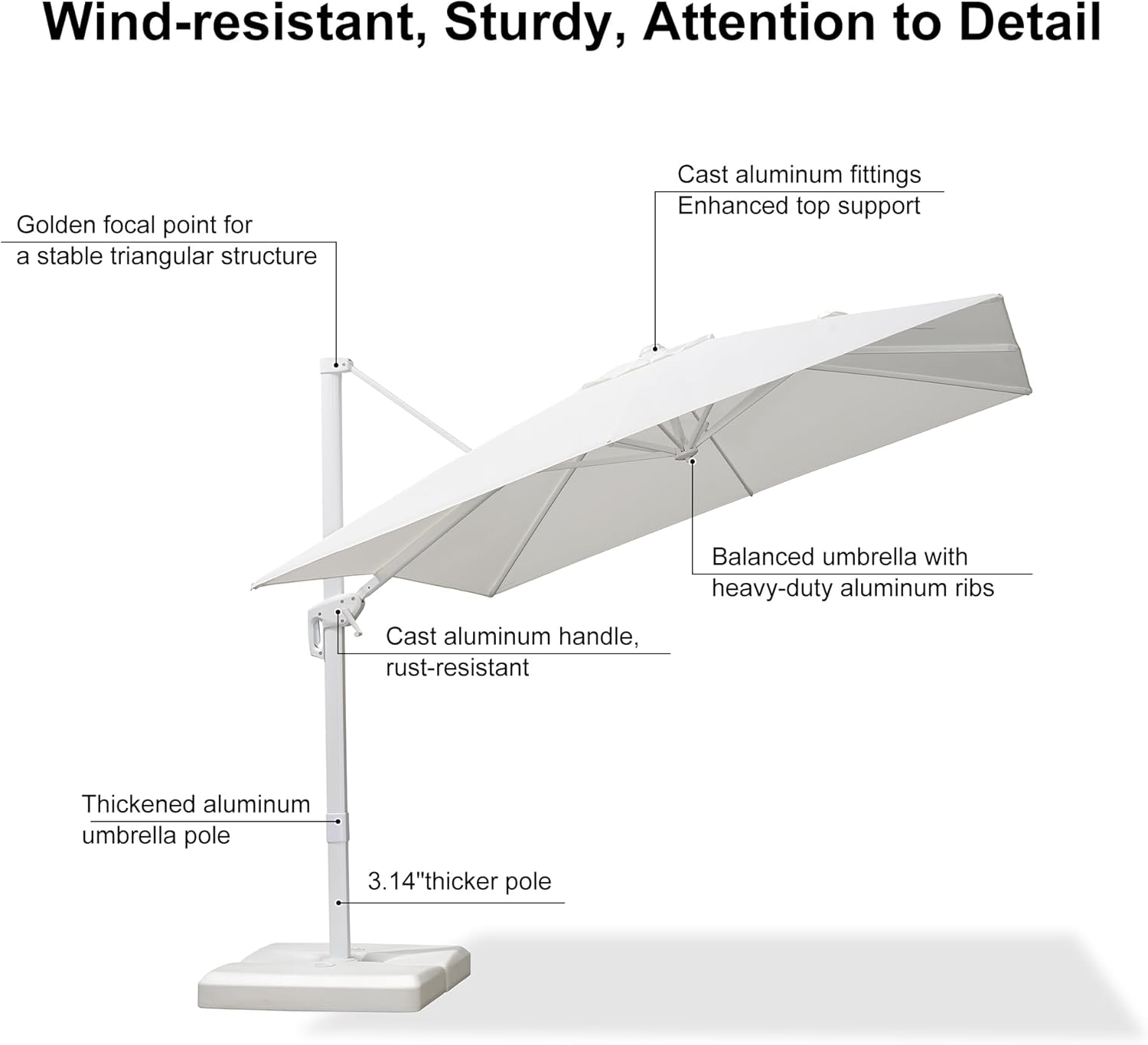 PURPLE LEAF 9 FT Patio Umbrella Outdoor White Cantilever Umbrella Aluminum Square Outdoor Offset Umbrella Hanging Windproof with 360° Rotation for Garden Deck Pool, White