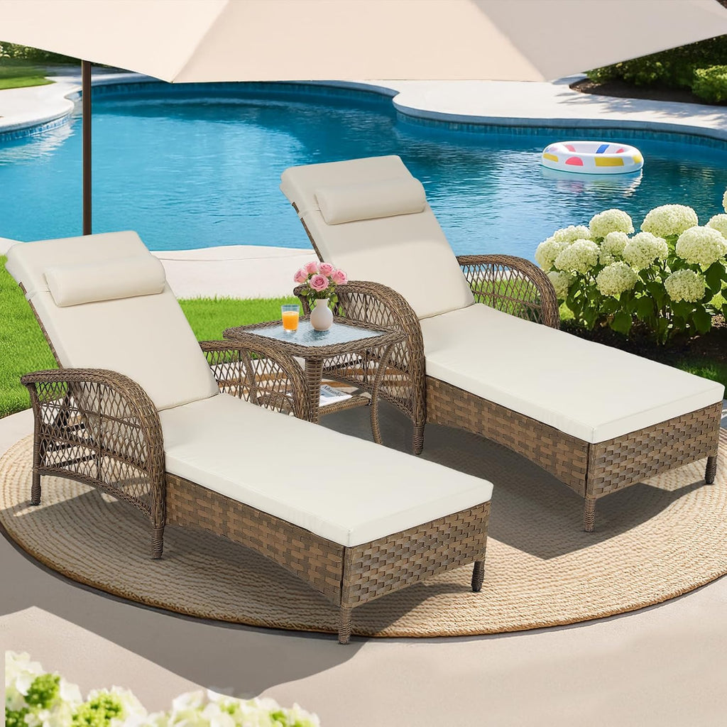 MEETWARM 3 Piece Outdoor Wicker Chaise Lounge Chair Set - Patio Lounge Chairs Set of 2 with Side Table, 6 Position Adjustable Pool Reclining Sunbathing Chair with Cushion, Armrest & Headrest, Beige