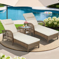 MEETWARM 3 Piece Outdoor Wicker Chaise Lounge Chair Set - Patio Lounge Chairs Set of 2 with Side Table, 6 Position Adjustable Pool Reclining Sunbathing Chair with Cushion, Armrest & Headrest, Beige