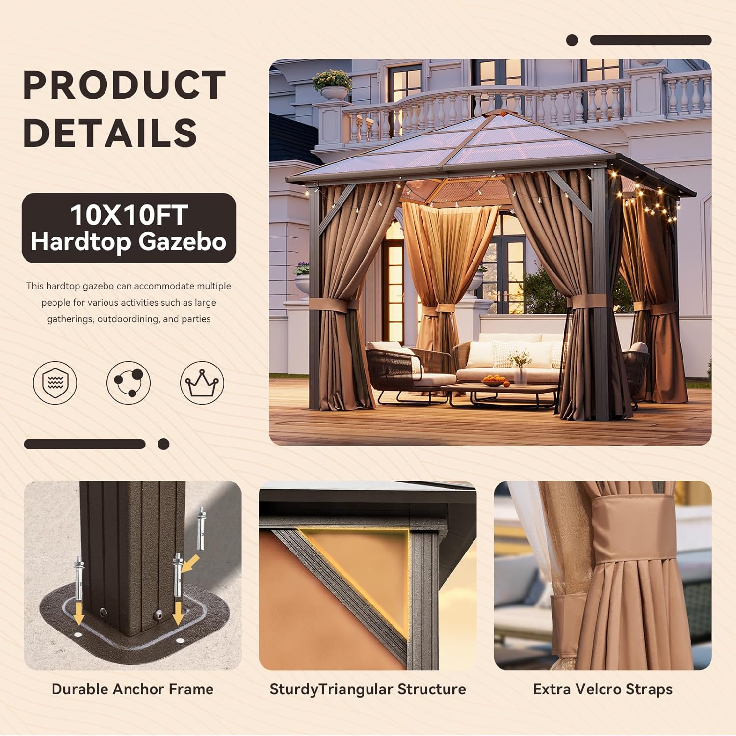 Aoxun 10'x10' Hardtop Gazebo, Outdoor Metal Gazebo with Polycarbonate Roof Canopy, Permanent Pavilion with Netting and Curtains for Lawn, Garden, Patio (Khaki, Single Roof)