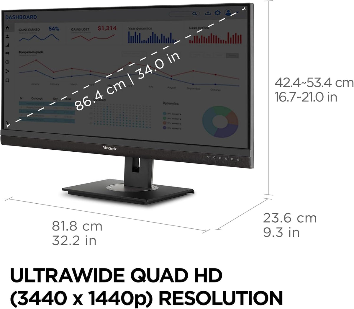 ViewSonic VG3456A 34 Inch 21:9 Ultrawide QHD 1440p IPS Monitor with Ergonomic Design, 100W USB C, Docking Built-in, Gigabit Ethernet RJ54 for Home and Office