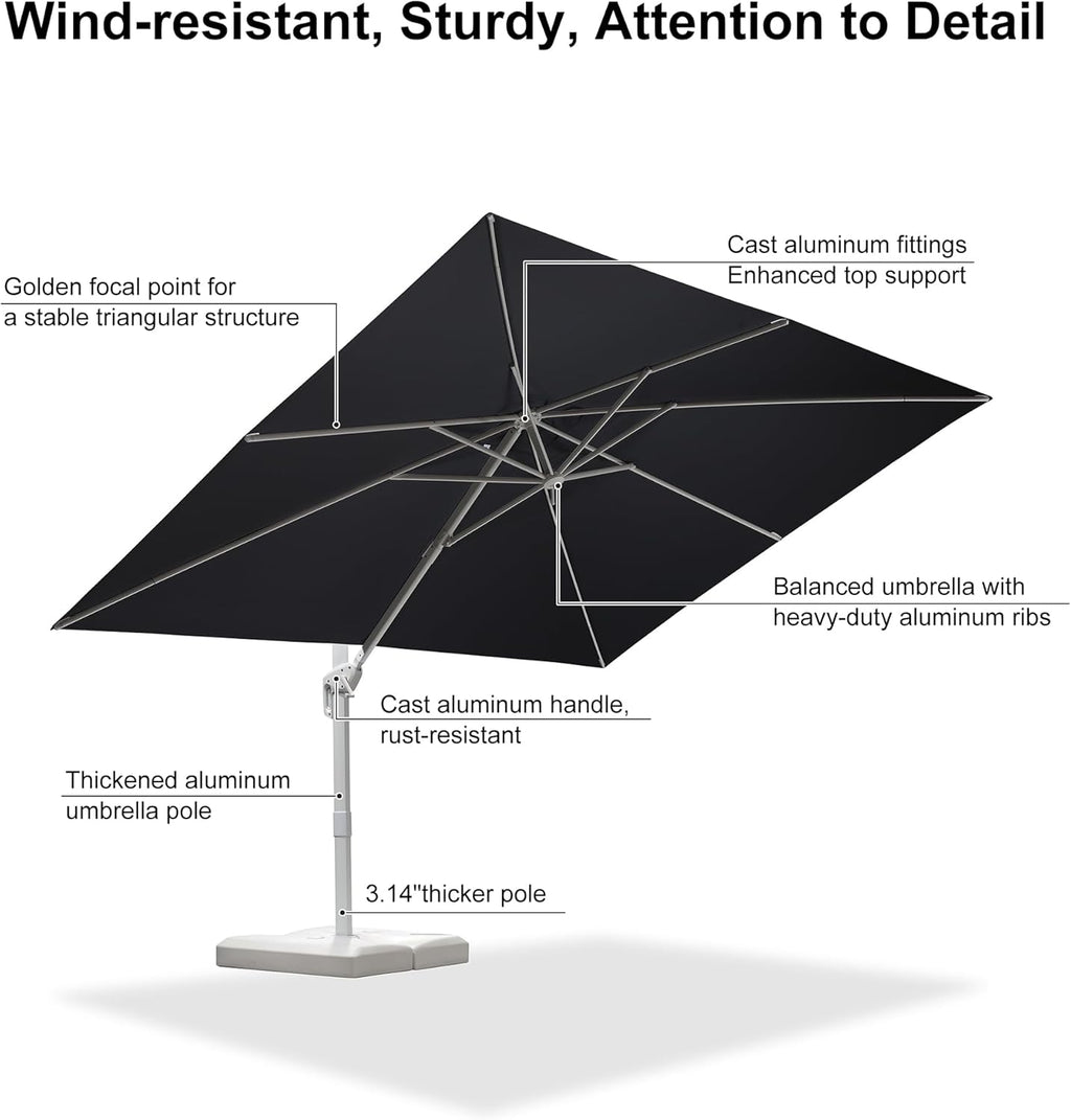 PURPLE LEAF 9' × 11.5' Patio Umbrella With Base White Cantilever Umbrella Square Outdoor Offset Umbrella Windproof with 360° Rotation for Garden Deck Pool, Grey