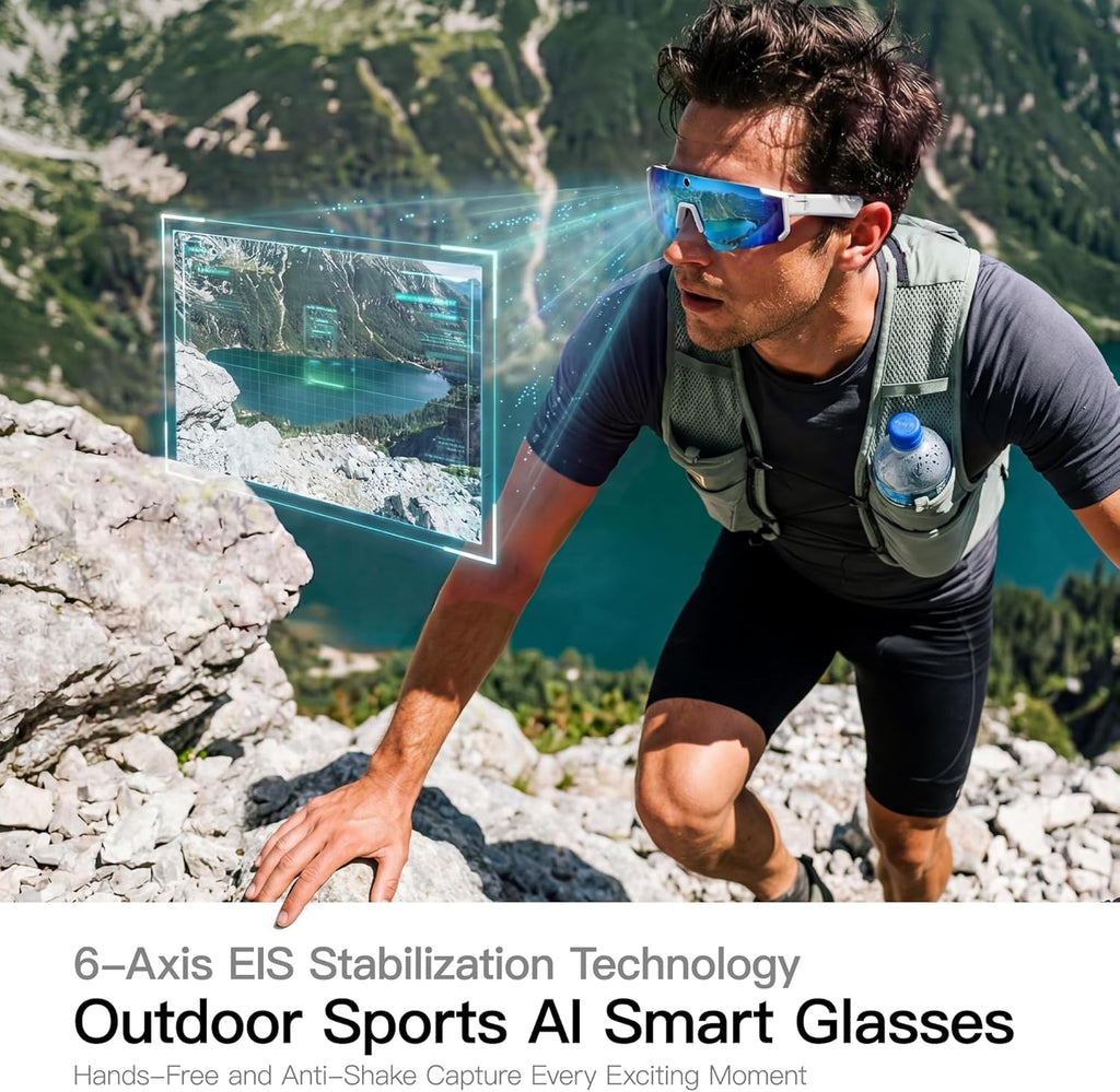 Sport AI Smart Glasses with Camera and EIS Stabilization, Bluetooth 8MP HD Camera 1200P Video Recording, AI Voice Assistant Photo Recognition, Real-Time Translation, Polarized Lenses Sunglasses