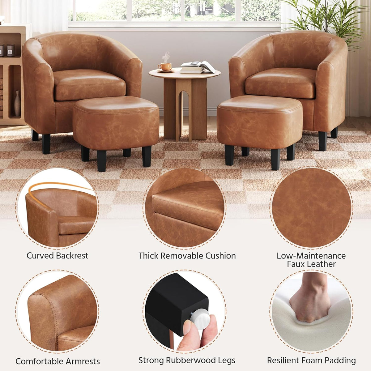 Yaheetech Accent Chair with Ottoman Footstool, PU Leather Modern Upholstered Soft Barrel Chair, Comfy Club Armchair and Footrest Set for Living Room/Bedroom/Reading Room/Guestroom, Brown