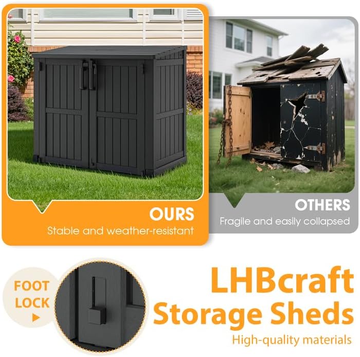 LHBcraft Outdoor Storage Cabinet 36 Cu Ft with Lockable Doors, Portable Horizontal Resin Storage Shed - Easy to Assemble, Waterproof Small Storage Shed with Floor Black