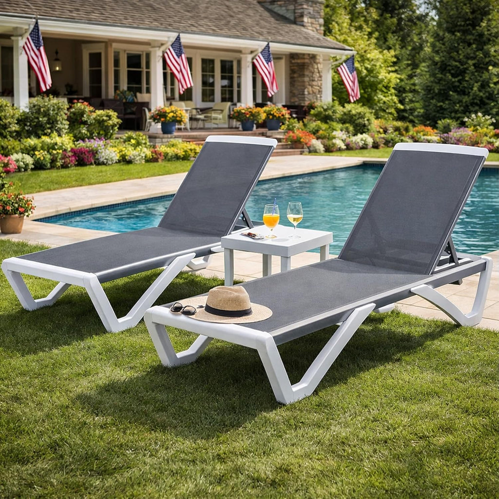 Kozyard 3-Piece Outdoor Chaise Lounge Chair Set, Fully Flat Adjustable Patio Lounger with Aluminum Frame & Resin Legs, Textilene Fabric for Poolside, Backyard & Beach (Gray, 2 Chairs + Table)
