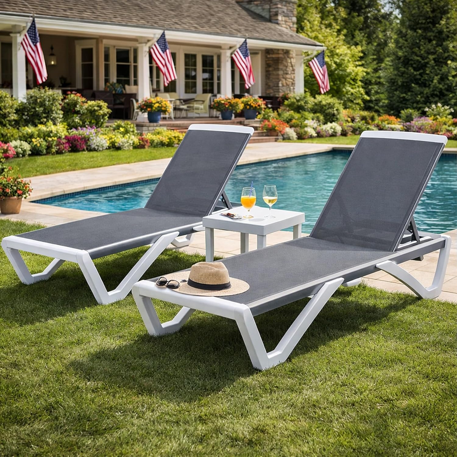 Kozyard 3-Piece Outdoor Chaise Lounge Chair Set, Fully Flat Adjustable Patio Lounger with Aluminum Frame & Resin Legs, Textilene Fabric for Poolside, Backyard & Beach (Gray, 2 Chairs + Table)