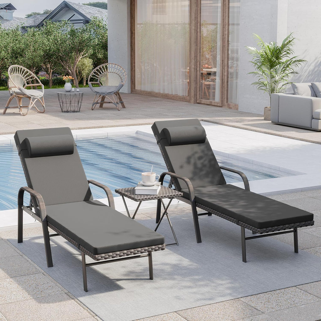 3 Pieces Patio Chaise Lounge Set Outdoor PE Rattan Armrest Lounge Chair Adjustable Backrest Reclining Chair with Folding Table and Cushion for Patio Poolside Backyard Porch Beach(Black)