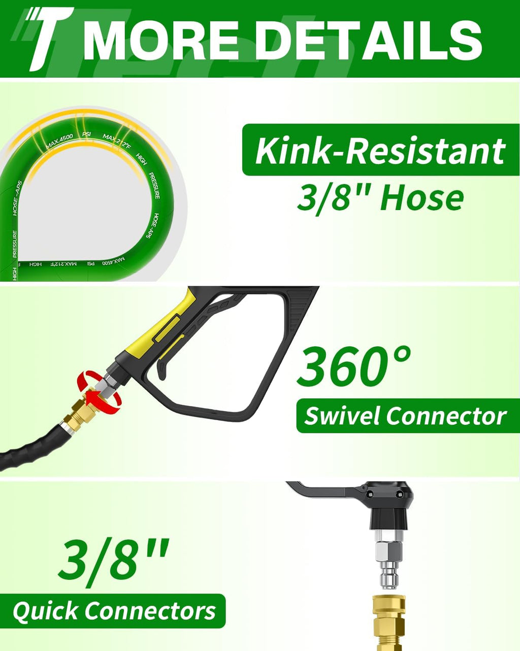 Pressure Washer Hose 100FT 3/8" for Cold and Hot Water 212°F, with Swivel Quick Connect, 4500PSI Kink Resistant Grade Steel Wire Braided, Power Washer Hose With 2pcs M22-14mm Adapter