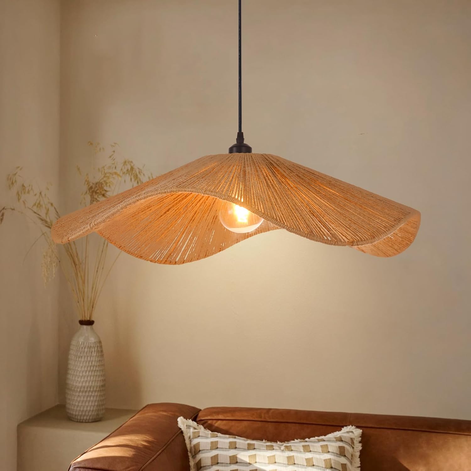 Arturesthome 25.5" Boho Twine Pendant Lamp Shade,Large Woven Hanging Lighting for Living Room Bedroom Adjustable Modern Chandelier for Kitchen Hallway