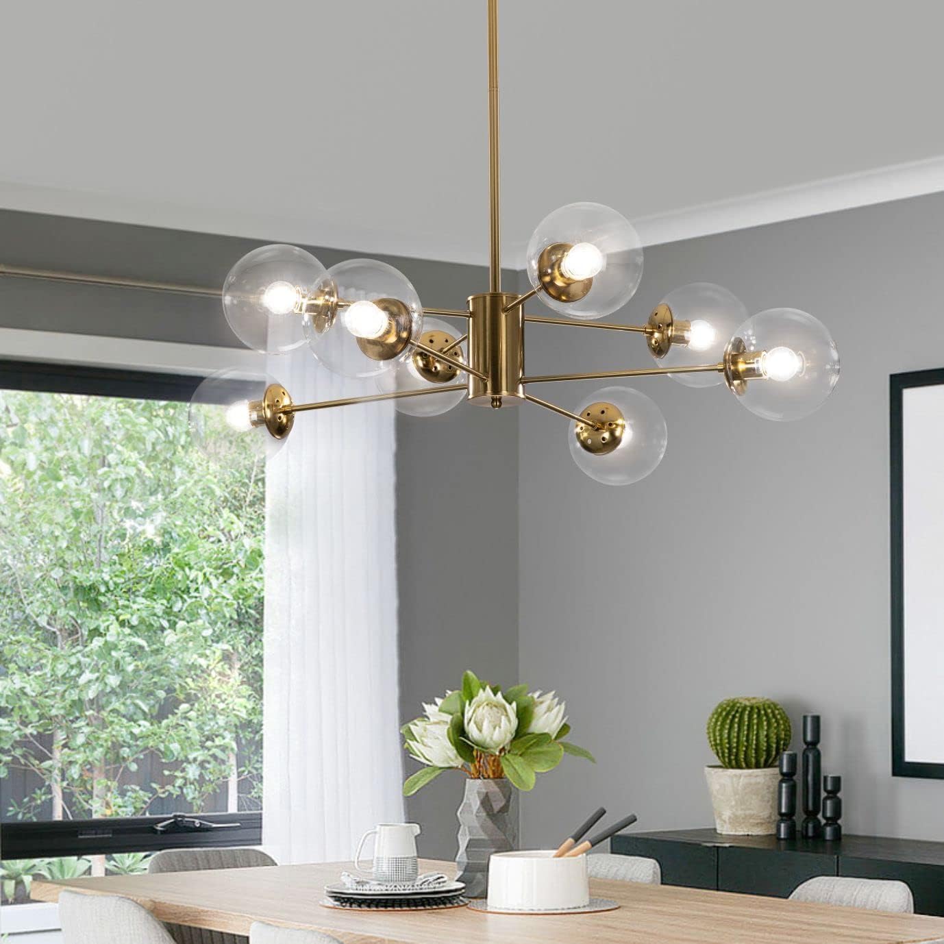 KCO Lighting Modern Sputnik Chandelier 8-Light Clear Glass Globe Ceiling Pendant Light Mid Century Brass Flush Mounted Fixture Kitchen Island (Gold+Clear)