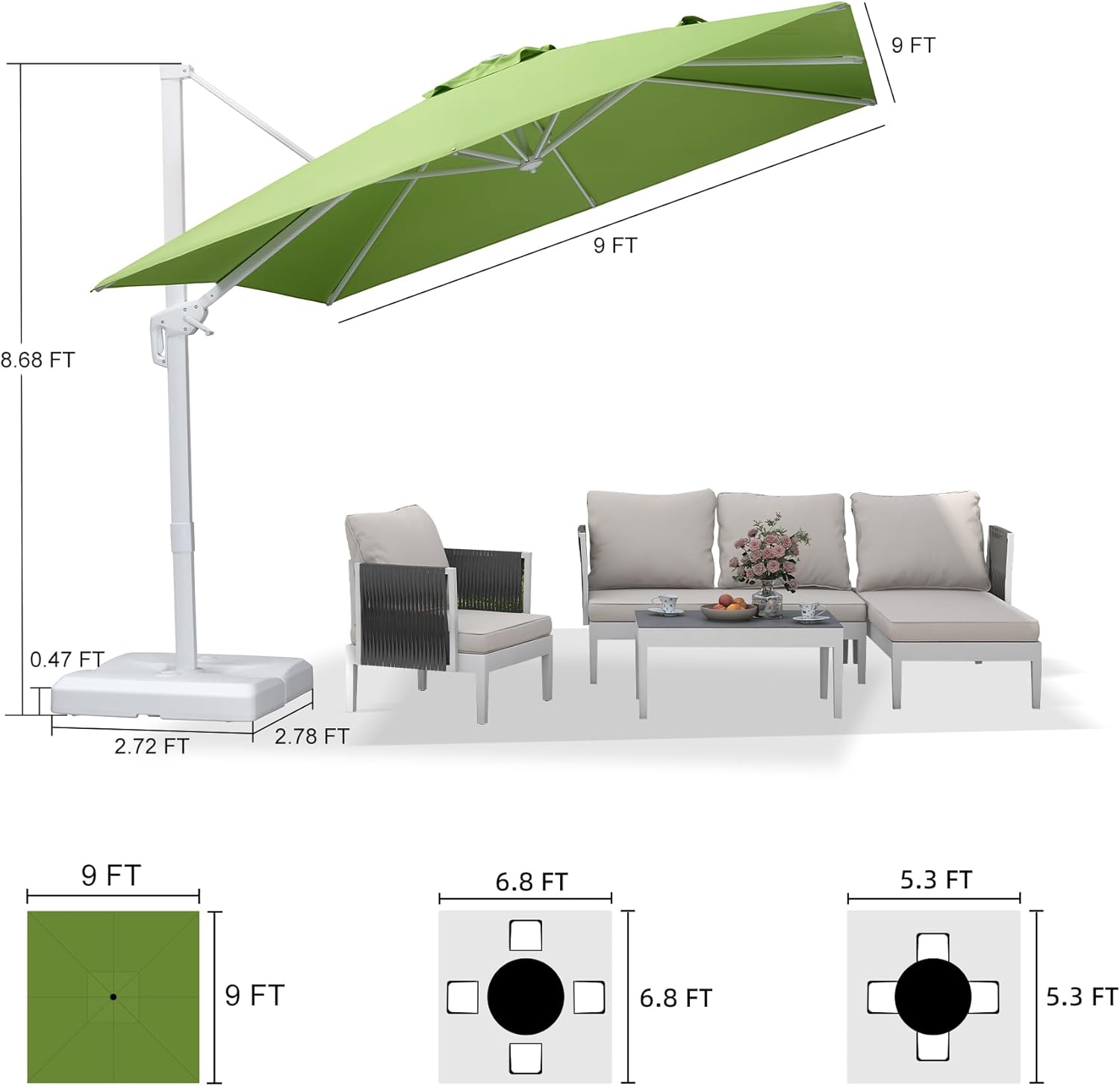 PURPLE LEAF 9 FT Patio Umbrella With Base White Cantilever Umbrella Square Outdoor Offset Umbrella Windproof with 360° Rotation for Garden Deck Pool, Macaw Green