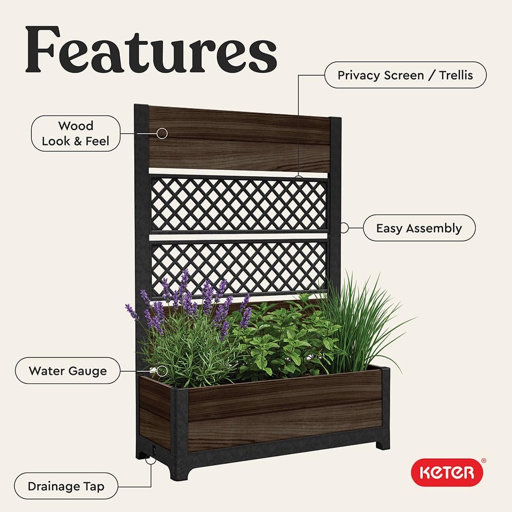 Keter Outdoor Planter Box with Privacy Screen and Trellis – 26 Gallon Raised Garden Bed for Climbing Plants & Flowers – Wood-Look Resin, Weather-Resistant Divider for Patio, Balcony & Backyard