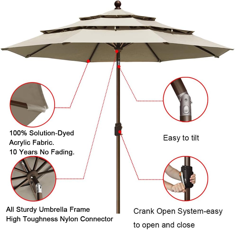 EliteShade USA 10-Year-Non-Fading 9ft 3-Tier Market Patio Umbrella, Commercial Grade Outdoor Table Umbrella with Crank Open, Windproof & UPF 50+ UV Protection, Heavy Duty Ventilation for Garden, Deck, Pool, Backyard, Beach & Bistro, Antique Beige