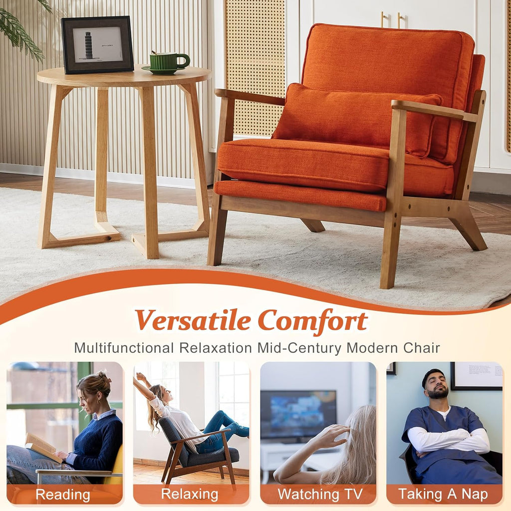 Vingli Solid Wood Wide Armrests Accent Chair Set of 2,Upholstered Mid Century Modern Chair with Pillow,Farmhouse Arm Chair Comfy Reading Chair,Chairs Living Room,Bedroom,Guest Room,Linen Fabric,Orange