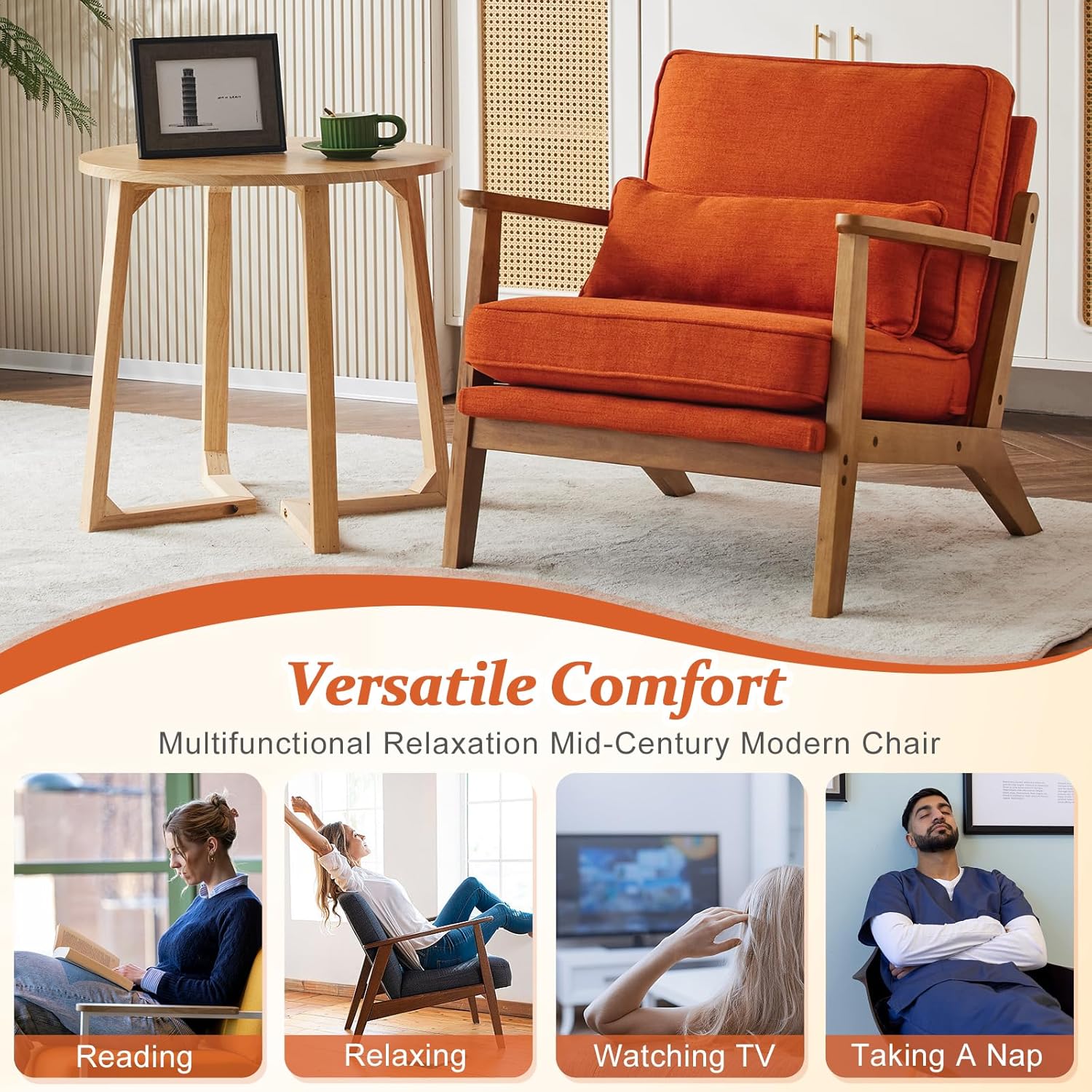 Vingli Solid Wood Wide Armrests Accent Chair Set of 2,Upholstered Mid Century Modern Chair with Pillow,Farmhouse Arm Chair Comfy Reading Chair,Chairs Living Room,Bedroom,Guest Room,Linen Fabric,Orange