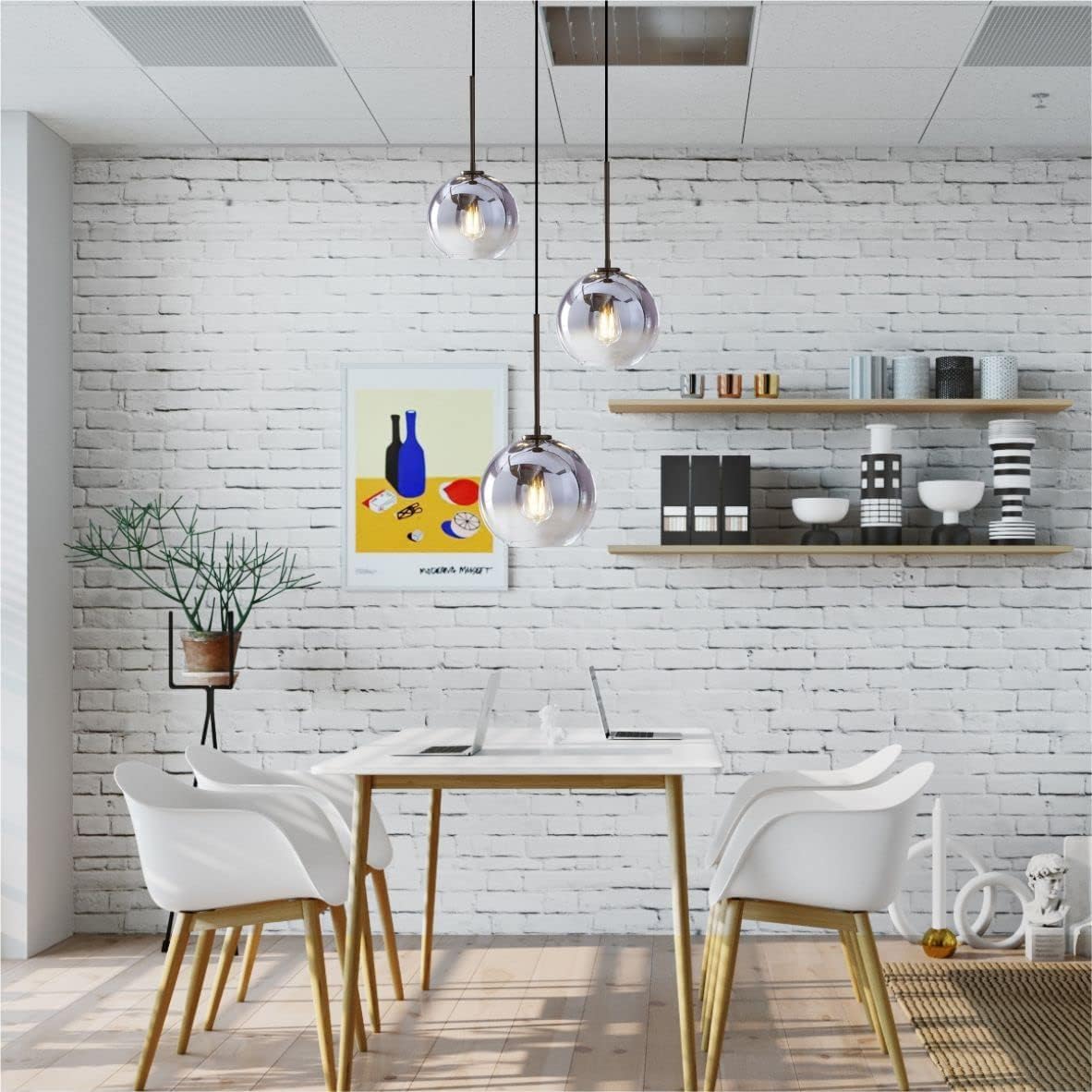 KCO Lighting Modern 3-Light Hanging Light Fixture Silver Gradient Glass Globe Pendant Ceiling Lighting with Adjustable Cord Mid Century Hanging Chandelier Light Fixture for Kitchen Island Bedroom…