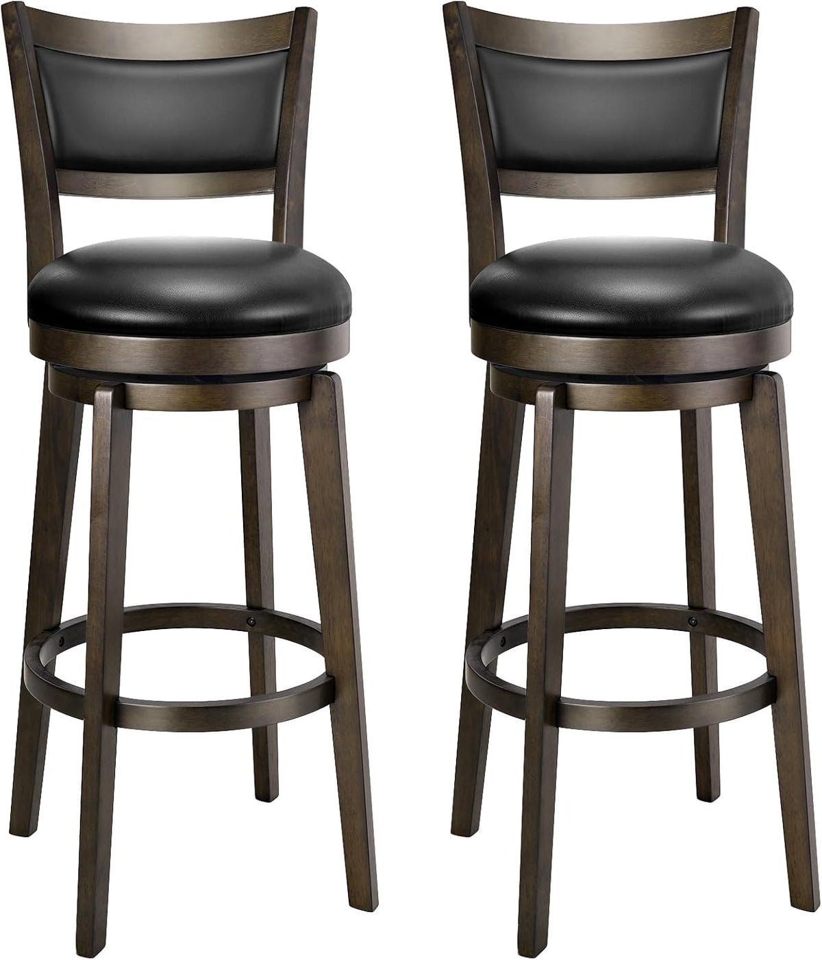 PrimeZone Swivel Bar Stools Set of 2, 32 Inch Tall Bar Height Barstools, Black Faux Leather Bar Stool with High Backrest & Solid Wood Legs & Wrap-Around Footrest, Counter Stools for Pub