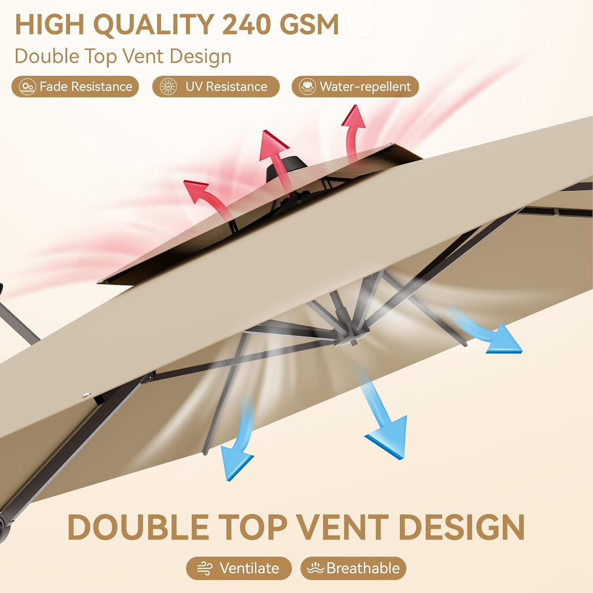 9x12 FT Patio Umbrella, Large Cantilever Rectangular Double Top Heavy Duty Offset Umbrellas with 360° Rotation, Outdoor shade for Garden Deck Pool, Tan
