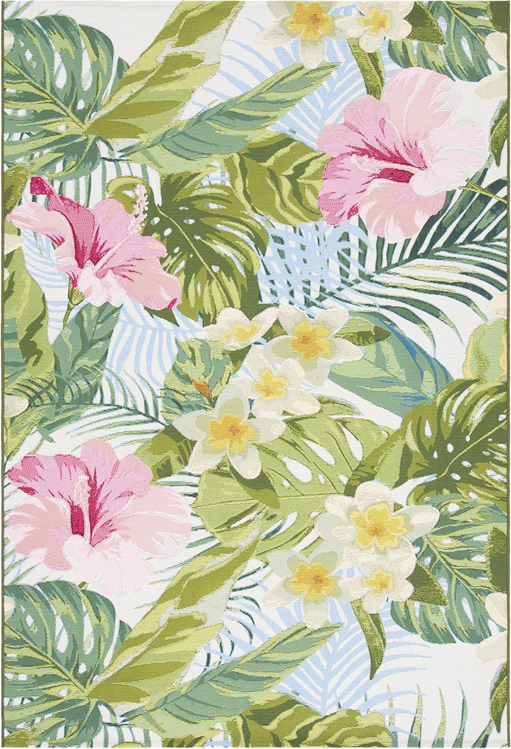 SAFAVIEH Washable Rug Outdoor Barbados Collection - 5'3" x 7'6", Green & Pink, Non-Shedding & Easy to Clean, Ideal for Patio, Backyard, Mudroom (BAR516X)
