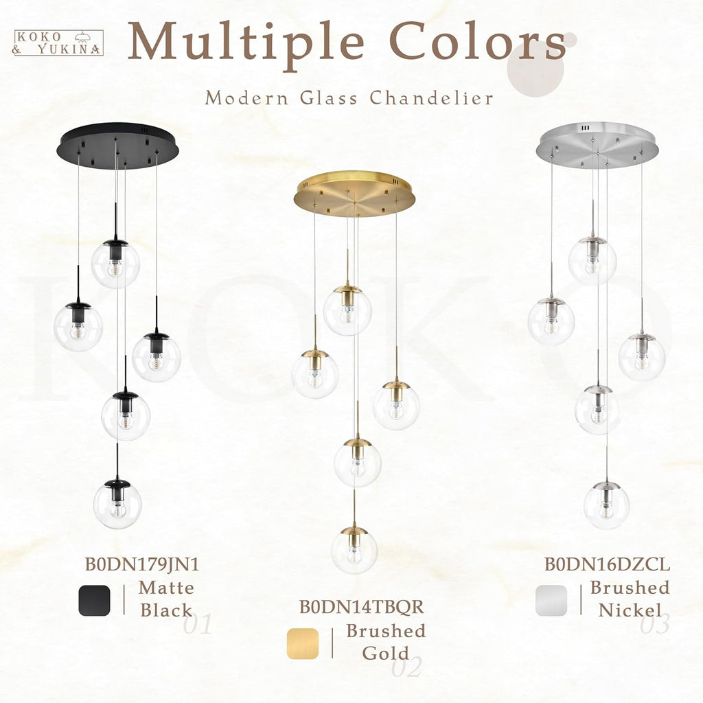 KoKo&Yukina 5-Light Black Clear Globe Glass Chandelier Globe Glass Pendant Light Adjustable Length Pendant Lights Modern High Ceiling Lights Fixtures for Foyer Staircase Entryway (Bulb & Remote Incl)