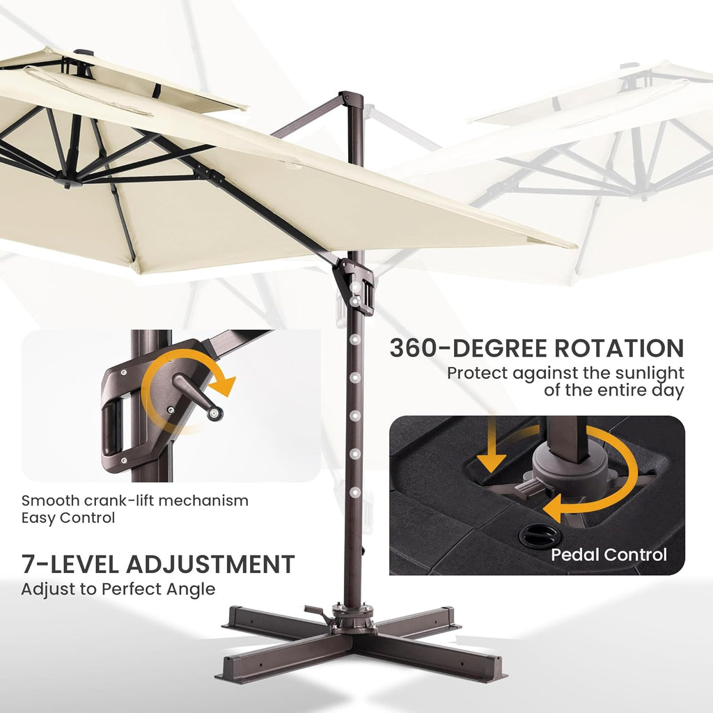 10x10 FT Cantilever Patio Umbrella Double Top Outdoor Square Large Heavy Duty Aluminum Offset Umbrellas with 7 Level Tilt 360-degree Rotation for Pool Garden Deck, Beige