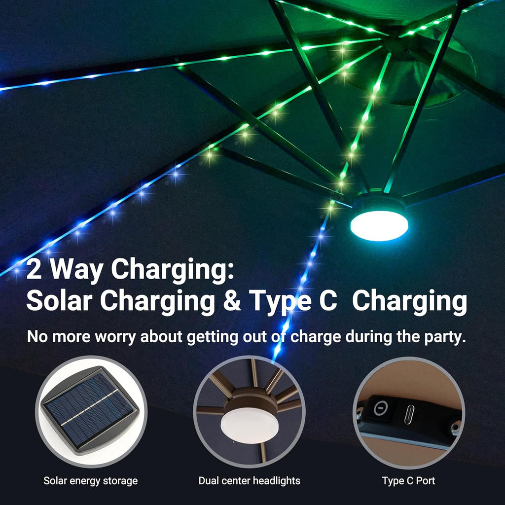 HOOOWOOO Outdoor Patio Umbrella With Solar Light,15 Ft Large Beach Umbrella,Picnic Parasol Sunshade W Base 156 Colorful LED APP Control DIY Light Modes Crank Handle For Backyard Deck Pool Shade