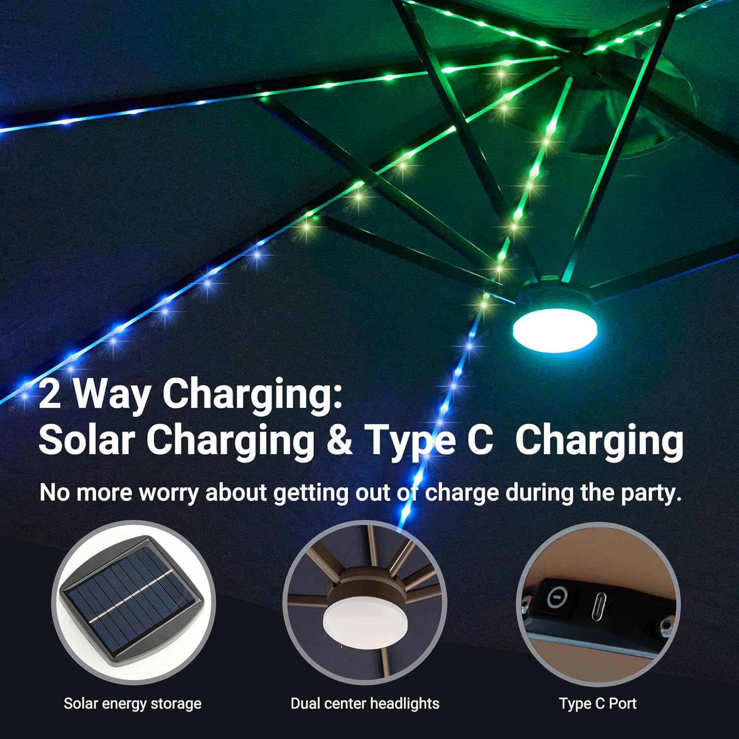 HOOOWOOO Outdoor Patio Umbrella With Solar Light,15 Ft Large Beach Umbrella,Picnic Parasol Sunshade W Base 156 Colorful LED APP Control DIY Light Modes Crank Handle For Backyard Deck Pool Shade
