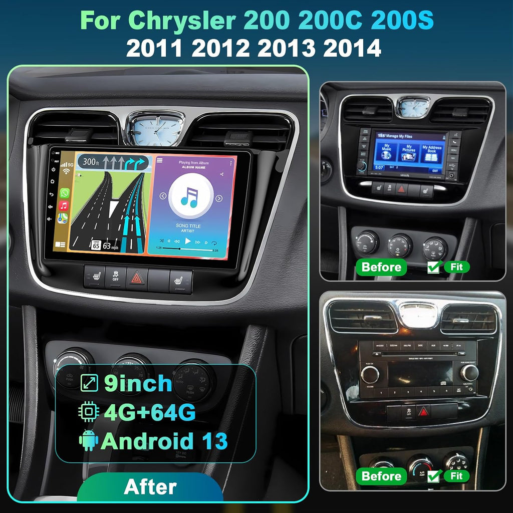 Car Radio for Chrysler 200 200C 2011-2014, 4GB RAM + 64GB ROM 9” HD Touchscreen Car Stereo – Android 13 System, Wireless CarPlay & Android Auto,GPS& Back-up Camera