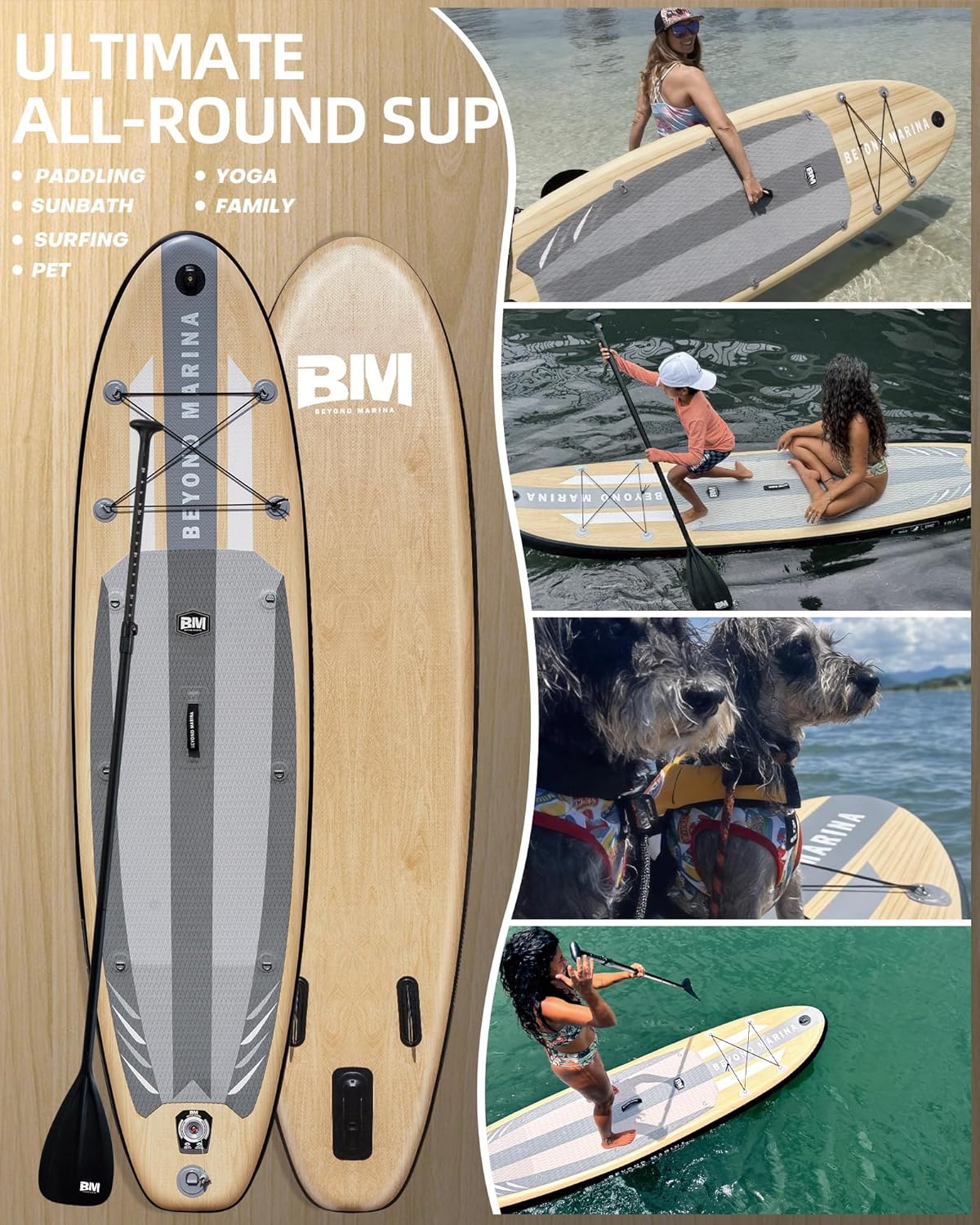 BM Paddle Board Inflatable Stand Up Paddle Board, SUP Paddleboard for Adult, Premium Accessories | Non-Slip EVA Deck & Foam Handles, Camera Mount, Double Action Pump, 85L Travel Backpack
