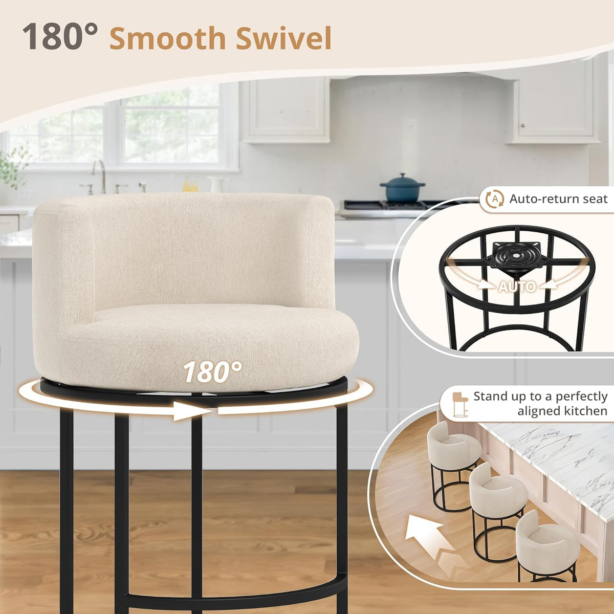 LUE BONA 26.8" Counter Height Bar Stools Set of 3, 180° Swivel Bar Stools, Modern Barrel Counter Stools with Back and Metal Frame, Fabric Upholstered Barstools for Kitchen Island, Linen Color