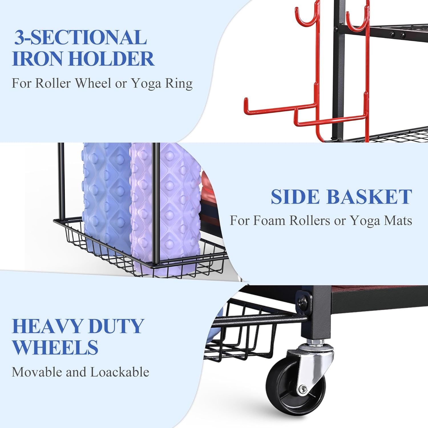 Mythinglogic Yoga Mat Storage Racks,Home Gym Storage Rack for Dumbbells Kettlebells Foam Roller, Yoga Strap and Resistance Bands, Workout Equipment Storage Organizer With Hooks and Wheels