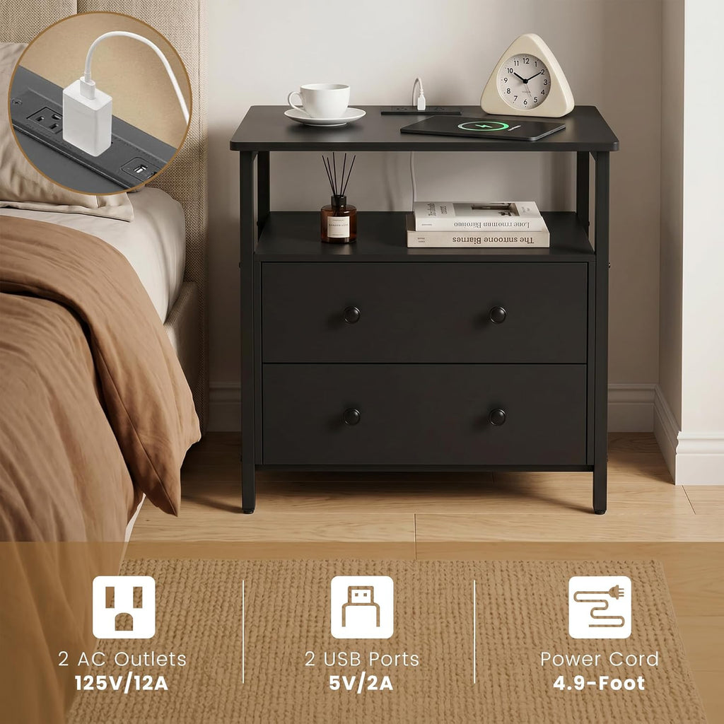 Edbuosy 27 inch Wide Night Stand with Charging Station, Bedside Table with Open Shelf, 2 Drawers Small Wood Dresser, Modern Wood Nightstand for Bedroom/Living Room (Black)