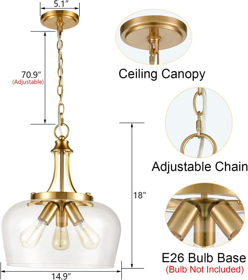 Modern 3-Light Gold Pendant Light with Clear Glass Shade, Mid Century 15-Inch Pendant Lighting Adjustable Height Hardwired Brass Glass Chandelier for Kitchen Island Dining Room