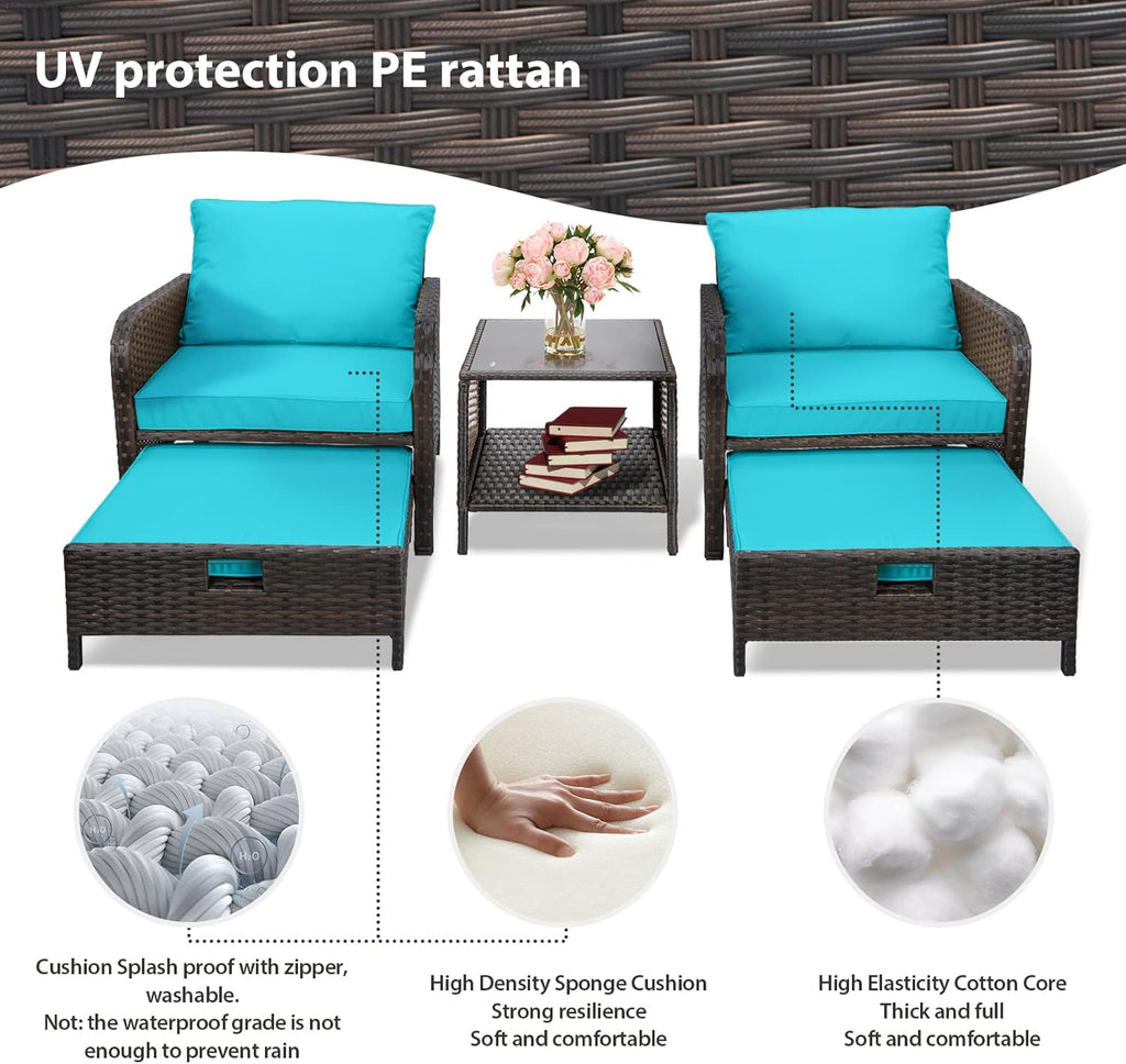 LEVELEVE Balcony Furniture 5 Piece Patio Conversation Set, PE Wicker Rattan Outdoor Lounge Chairs with Soft Cushions 2 Ottoman&Glass Table for Porch, Lawn-Brown Wicker