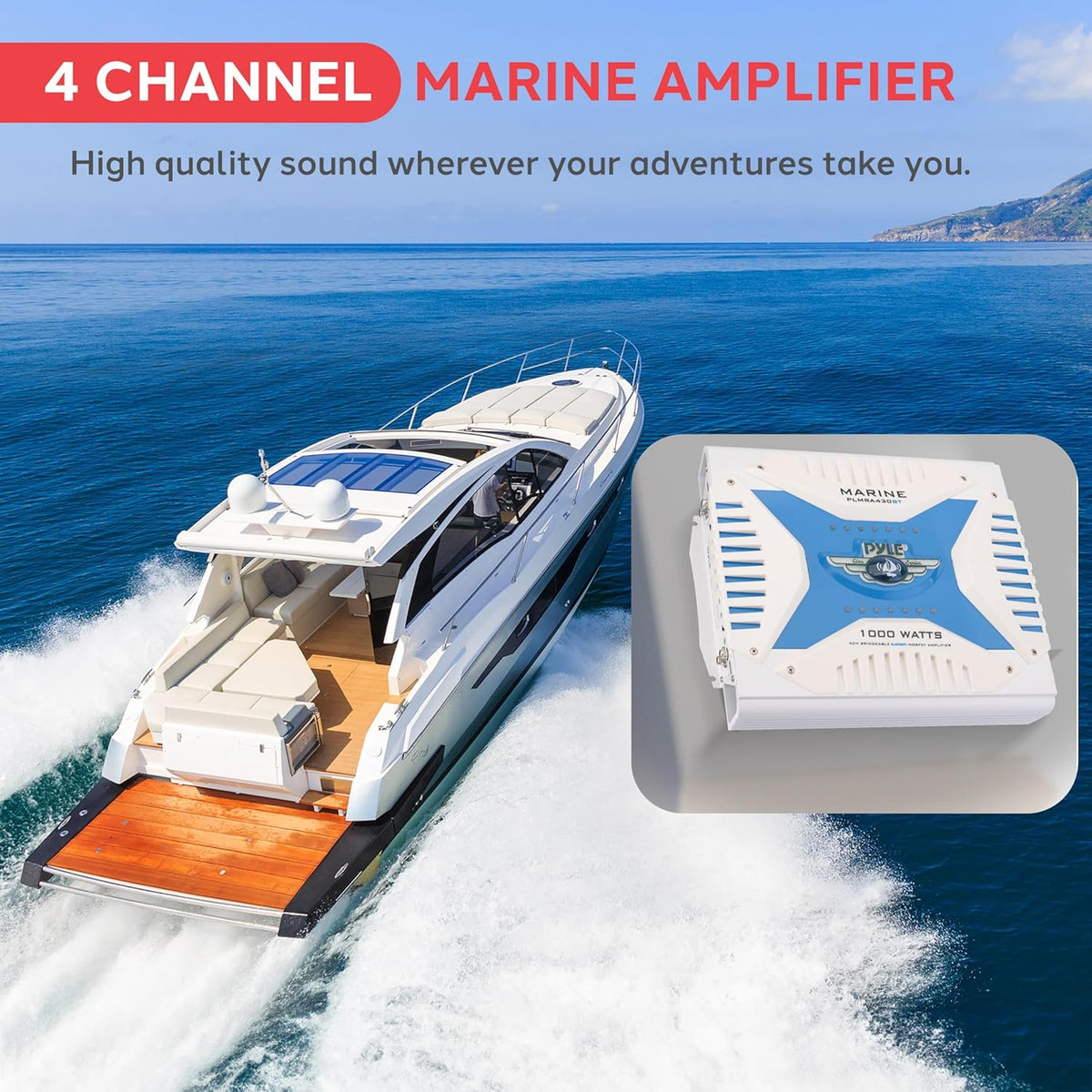 2.1 Bluetooth Marine Amplifier Receiver - Waterproof 4 Channel Wireless Bridgeable Audio Amp for Stereo Speaker with 1000 Watt Power Dual MOSFET Supply, GAIN Level and LED Indicator - Pyle PLMRA430BT