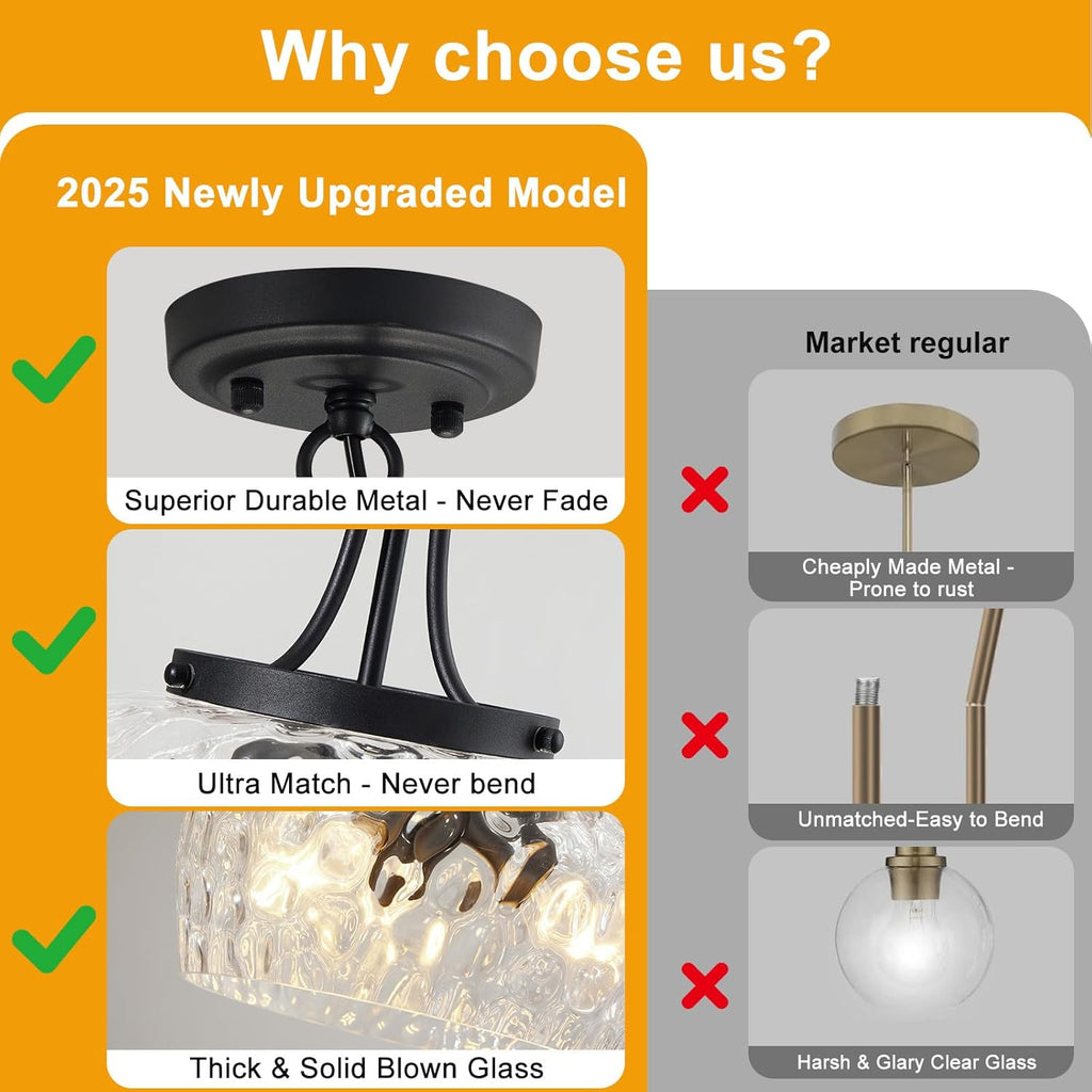 Modern Pendant Lights Kitchen Island, 3-Light Black Pendant Light Fixtures with 14.2" Clear Hammered Glass Shade, Industrial Hanging Pendant Lights Fixture for Kitchen Island, Dining Room, Entryway