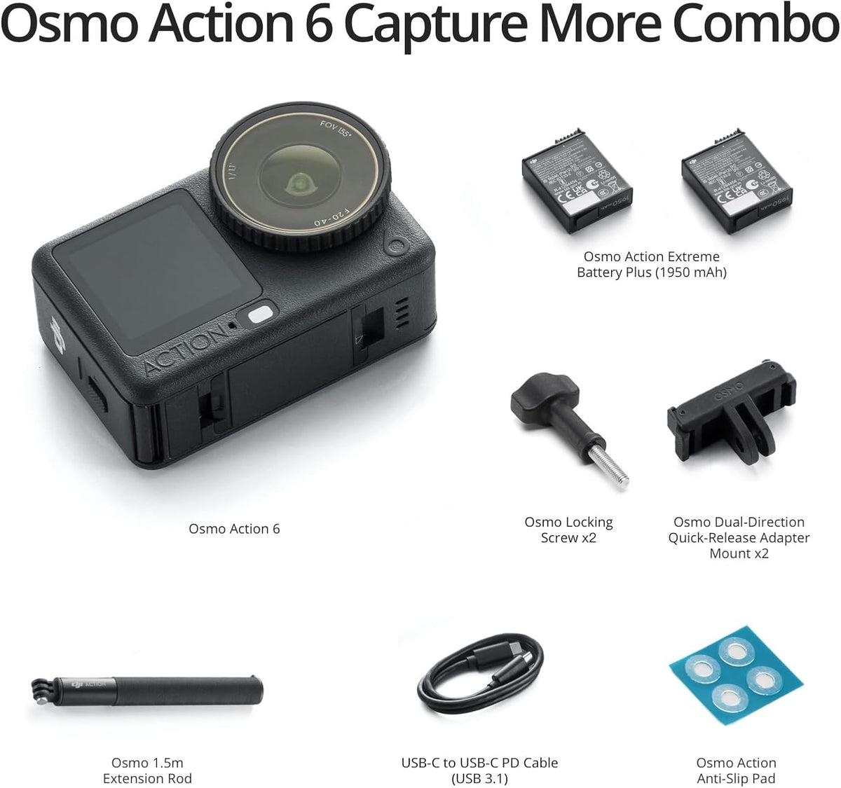 DJI Osmo Action 6 Capture More Combo, 8K Waterproof Action Camera with 1/1.1" Square Sensor, Variable Aperture of f/2.0–f/4.0, Extended Battery Life with 2 Batteries, 1.5m Extension Rod