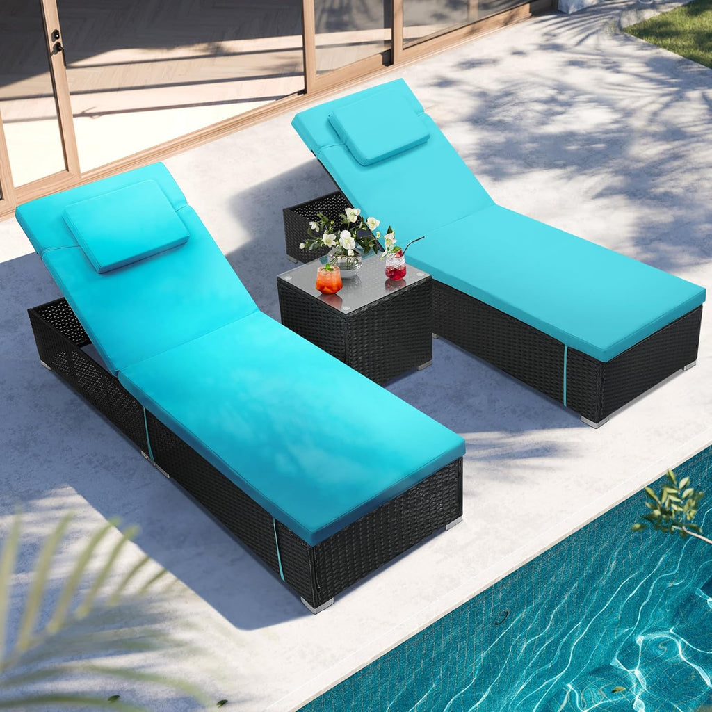 Murago Outdoor Chaise Lounge Chairs, All-Weather Wicker Pool Lounge Chair Set of 2 with Side Table, Adjustable Backrest & Washable Cushions for Patio, Poolside, Beach, Light Blue