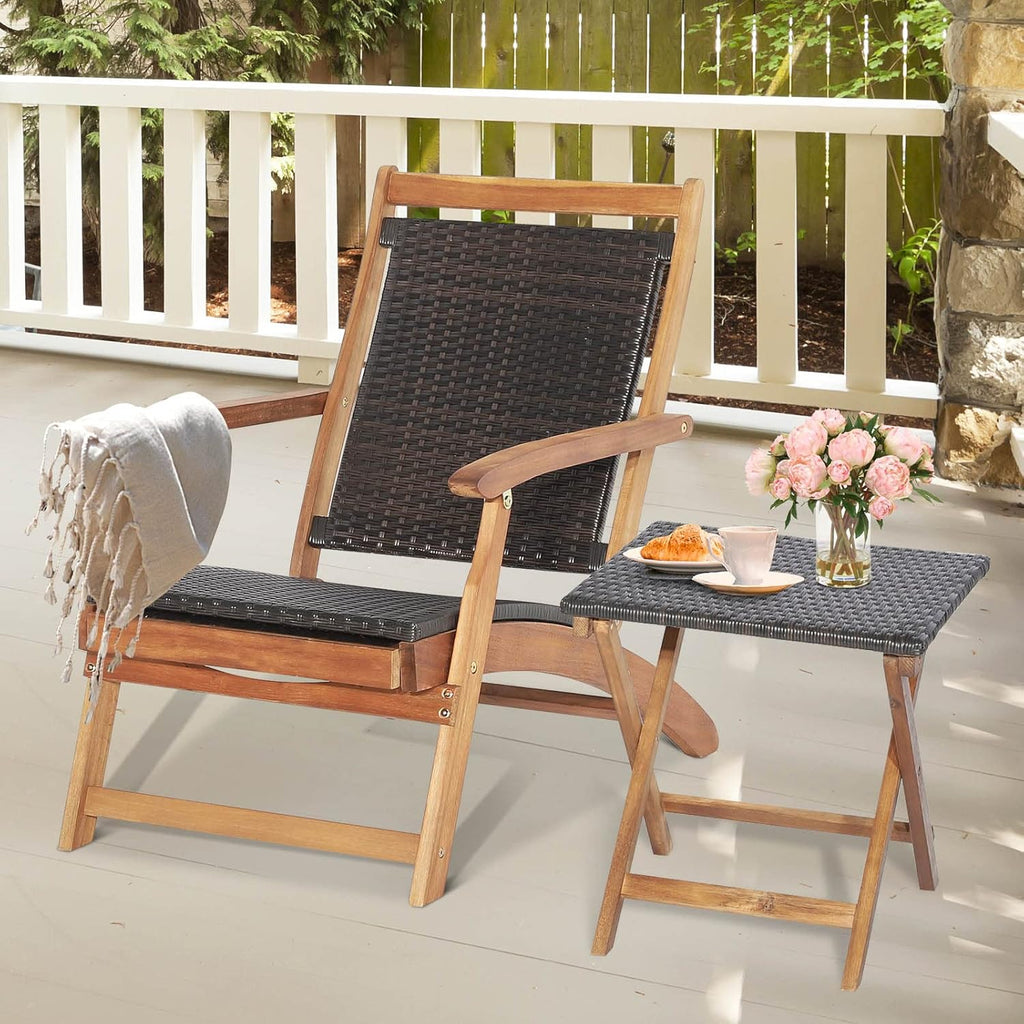 Tangkula Patio Lounge Chair and Side Table Set of 2, Acacia Wood Wicker Folding Table and Armrest Chair with Retractable Ottoman, Acacia Wood Outdoor Chaise Lounger for Garden, Backyard, Poolside (2)