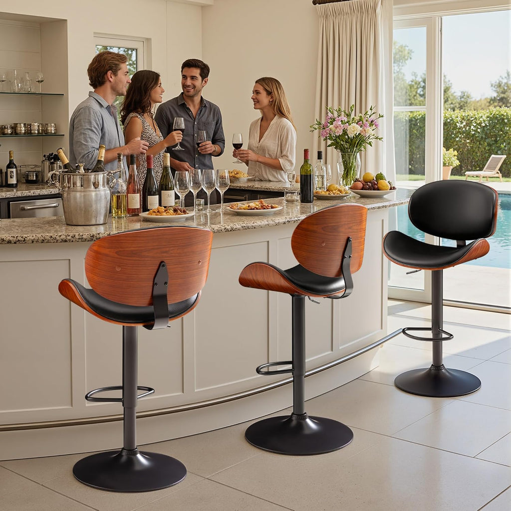 Furmax Bar Stools Set of 2 Adjustable Swivel Bentwood Barstools PU Leather Modern Bar Chairs with Back & Footrest for Bar, Kitchen Island, Dining Room (Black, Set of 2)