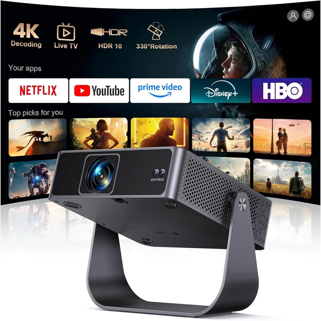 Official Apps & Live TV & 330° StandSmart Mini Projector with WiFi and Bluetooth Ultra-thin, 4K Support Outdoor Movie Projector, Auto Focus, HDR10, Portable 1080P Projector for Bedroom/Home/Celling